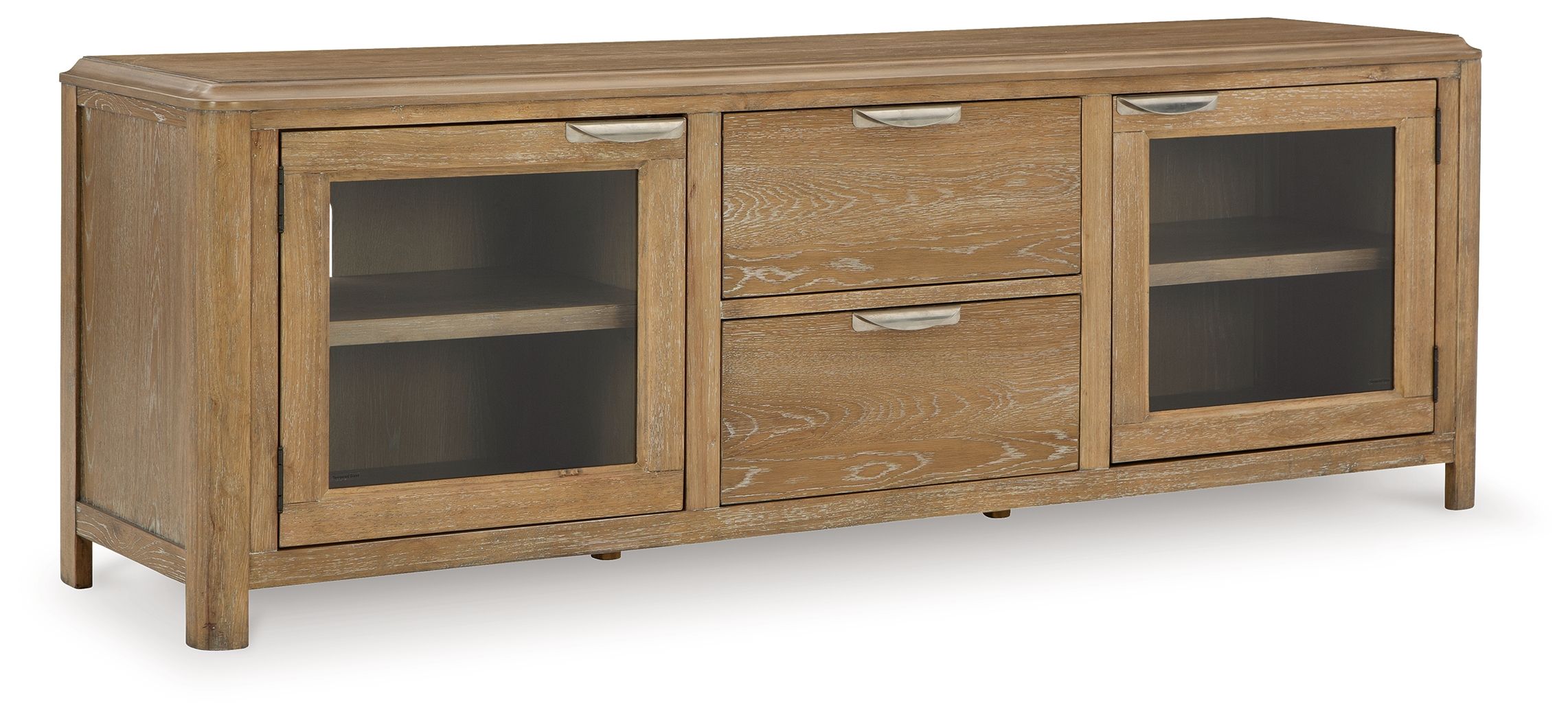 Light brown extra large TV stand with two glass doors and three drawers
