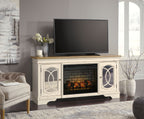 Chipped white TV stand with electric fireplace insert and flat-screen TV above