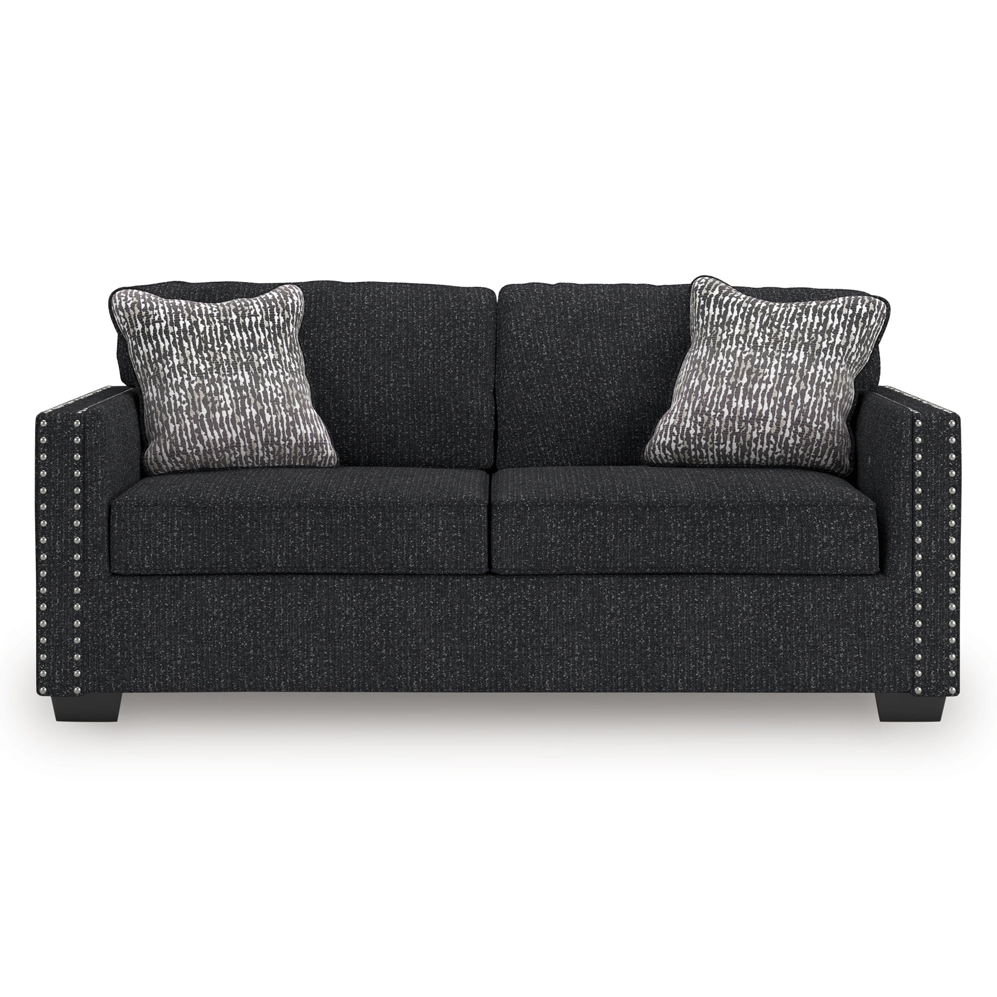 Coal fabric sofa with nailhead trim, arm details, and two heather gray throw pillows