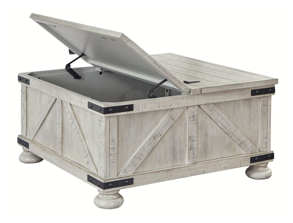 Whitewash cocktail table with storage and lifted lid, black hinges and metal corner hardware
