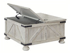 Whitewash cocktail table with storage and lifted lid, black hinges and metal corner hardware