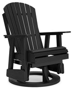 Black swivel glider chair with vertical slat back, armrests, and wide front base.