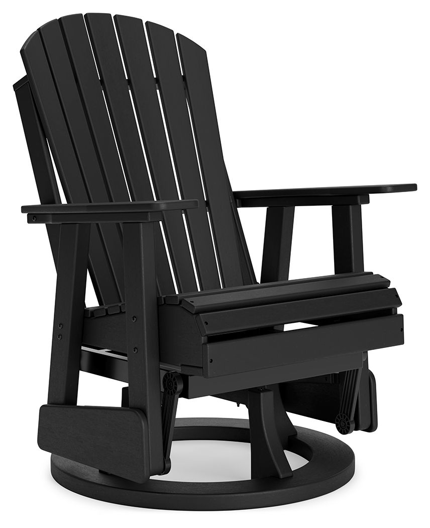 Black swivel glider chair with vertical slat back, armrests, and wide front base.