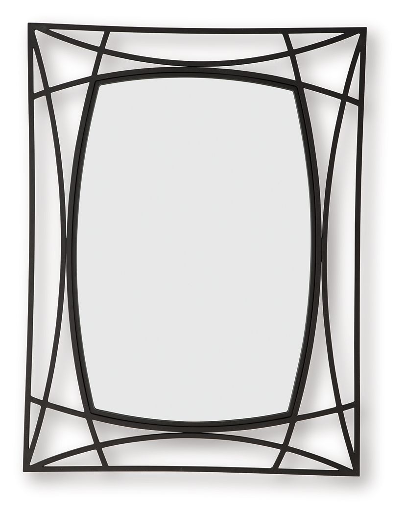 Black accent mirror with geometric metal frame and rounded-rectangle glass