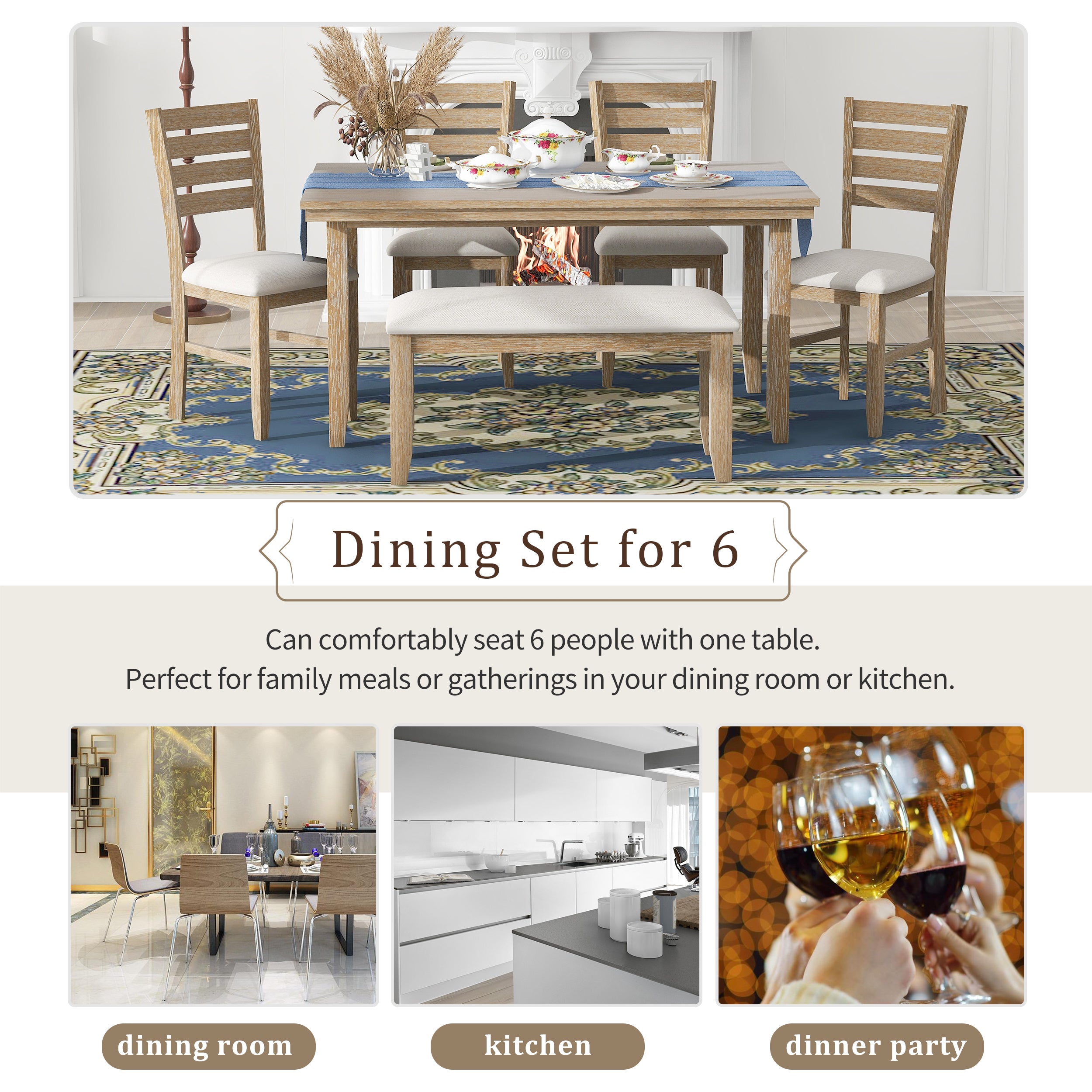 6-Piece Rustic Dining Set w/ Bench - Natural Wood