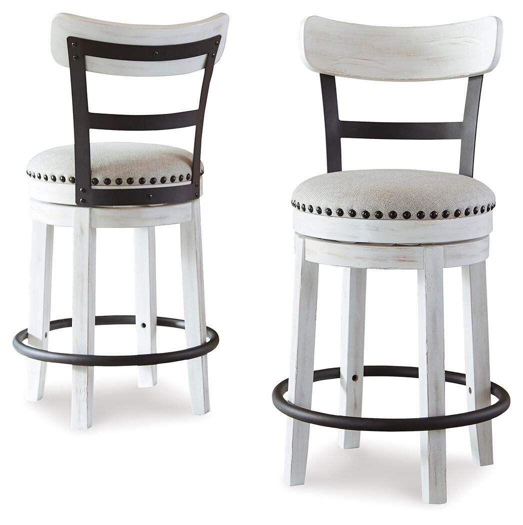 White full-back swivel bar stool with round padded seat and nailhead trim, footrest ring
