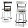 White full-back swivel bar stool with round padded seat and nailhead trim, footrest ring