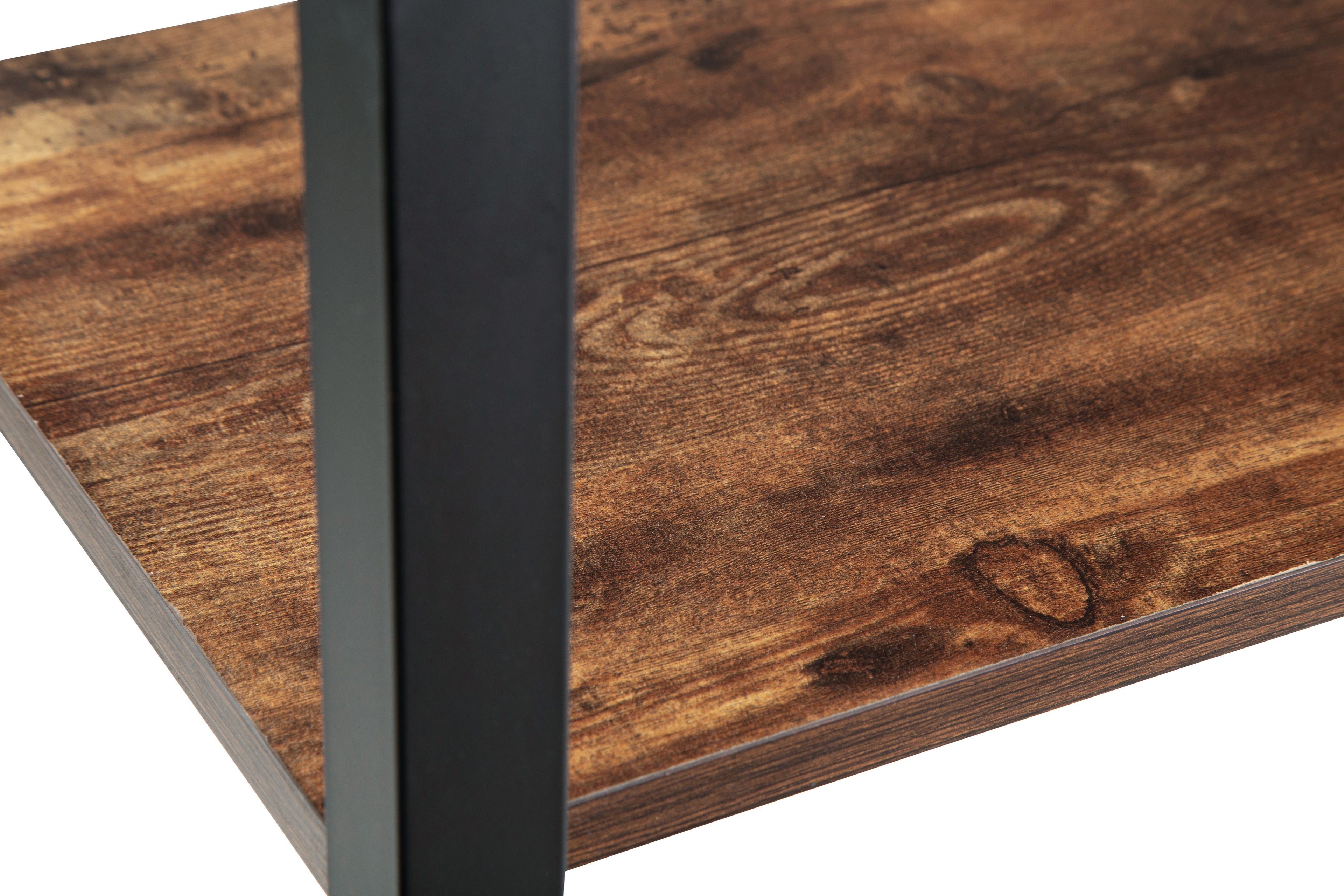 Brown wood tabletop with black metal side frame detail for bar cart