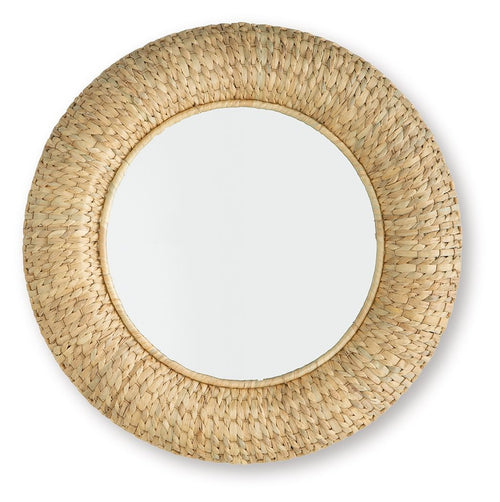 Natural woven accent mirror with round rattan frame and light inner mirror