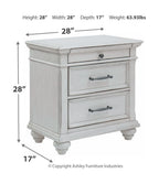 White nightstand with two drawers; 28 in wide, 17 in deep, metal bar pulls