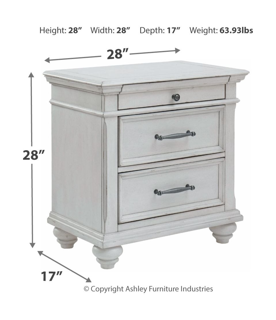 White nightstand with two drawers; 28 in wide, 17 in deep, metal bar pulls