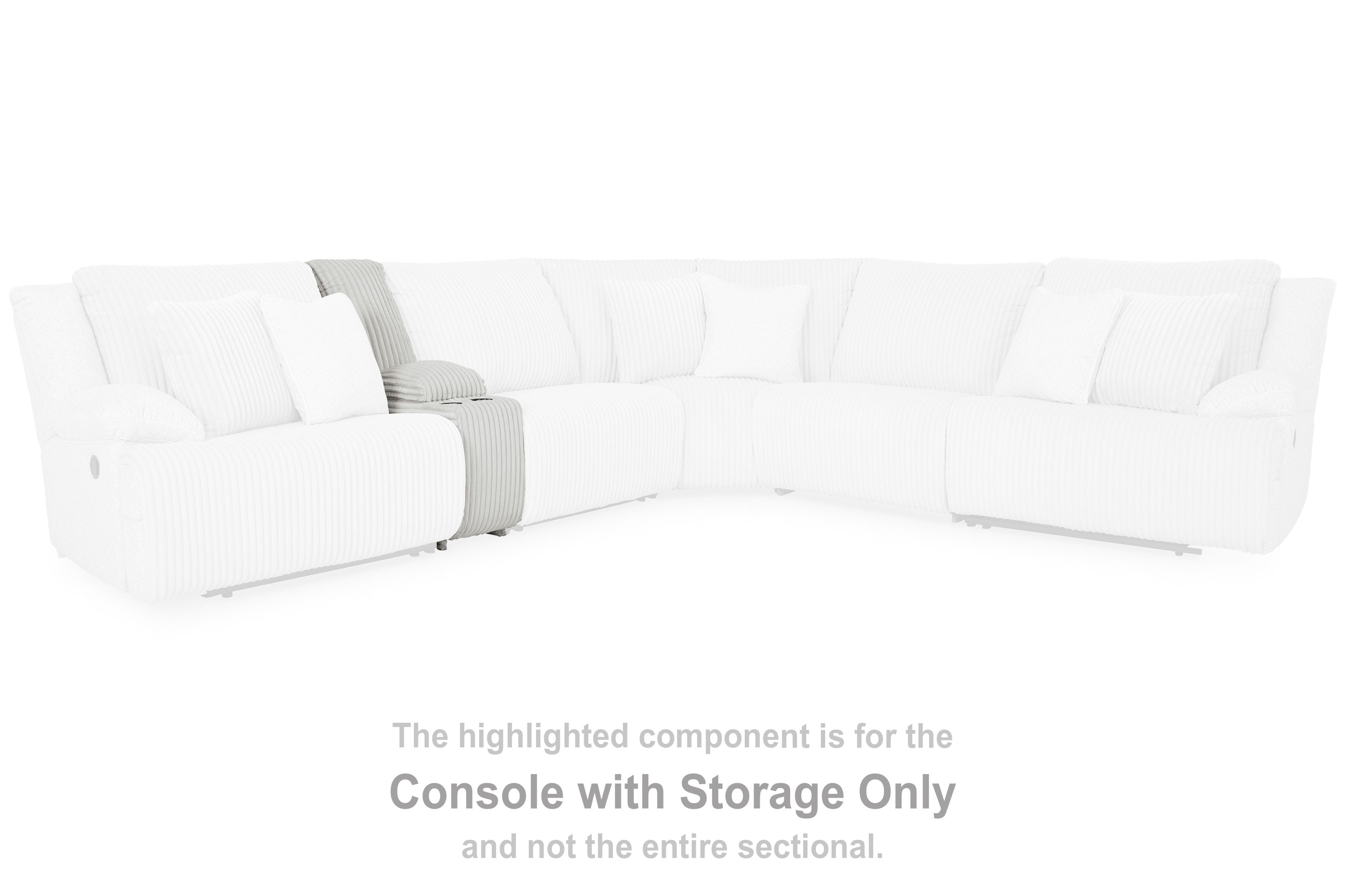 Light-gray sectional sofa with a highlighted console-with-storage arm unit