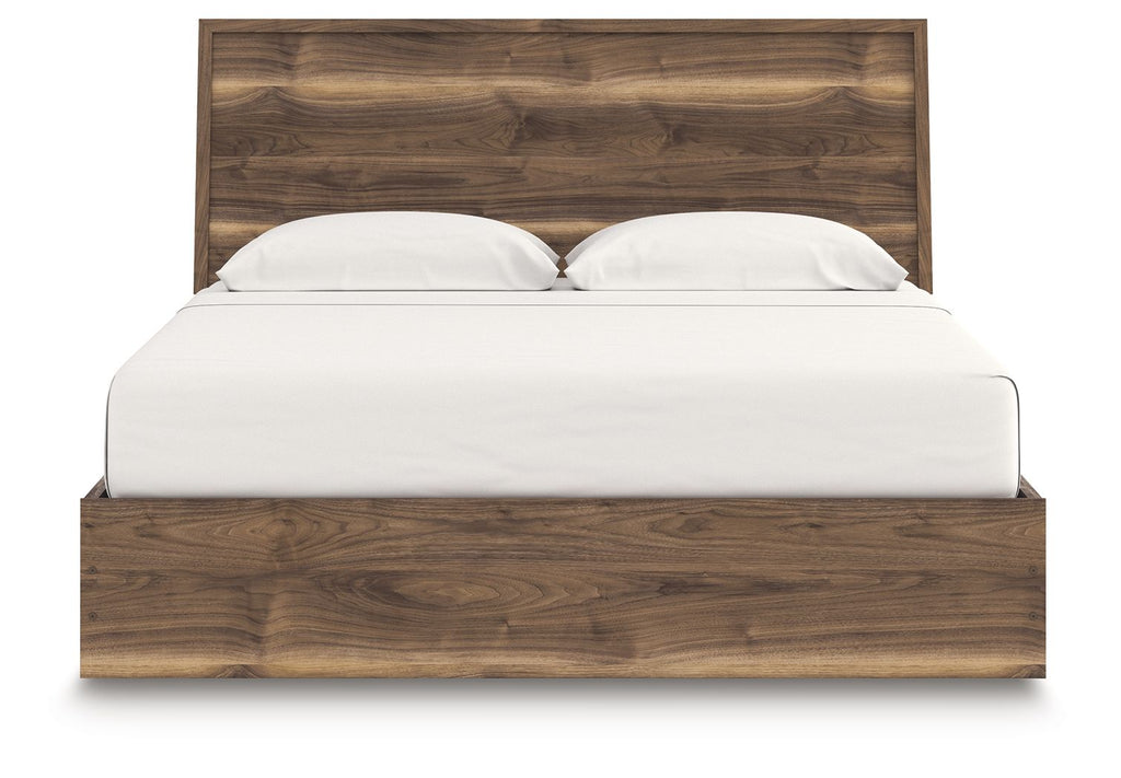 Dark brown wood panel bed with storage base, tall headboard, white mattress