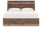 Dark brown wood panel bed with storage base, tall headboard, white mattress