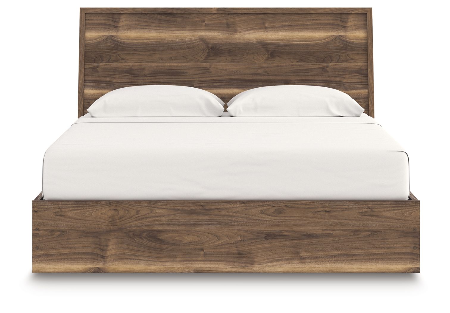 Dark brown wood panel bed with storage base, tall headboard, white mattress