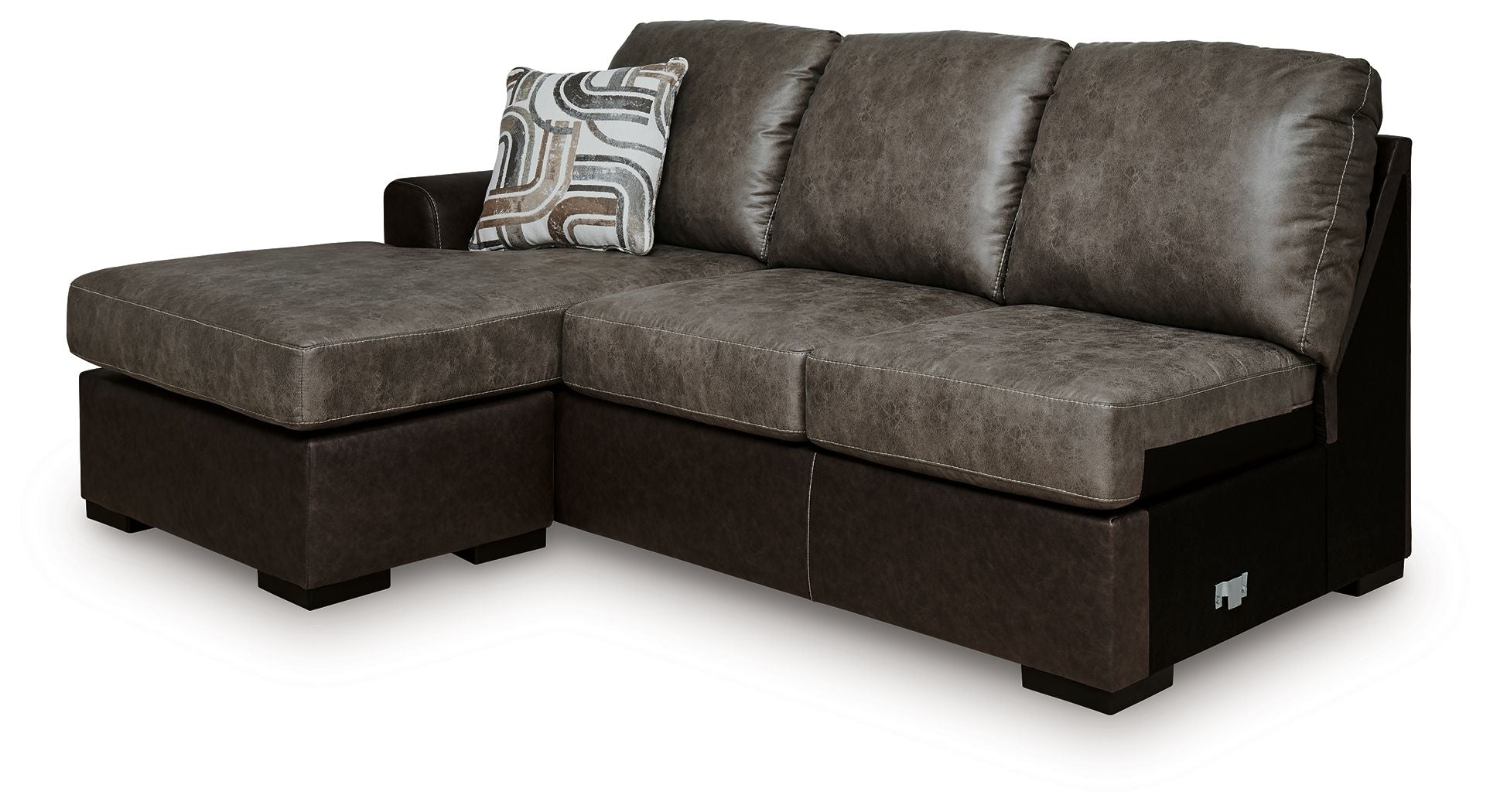 Dark sofa chaise with chaise ottoman and three back cushions