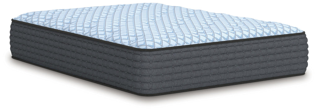 Blue plush mattress with quilted top and dark gray sides