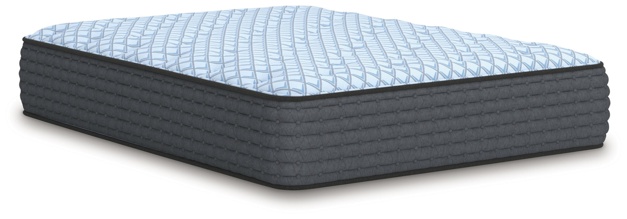 Blue plush mattress with quilted top and dark gray sides