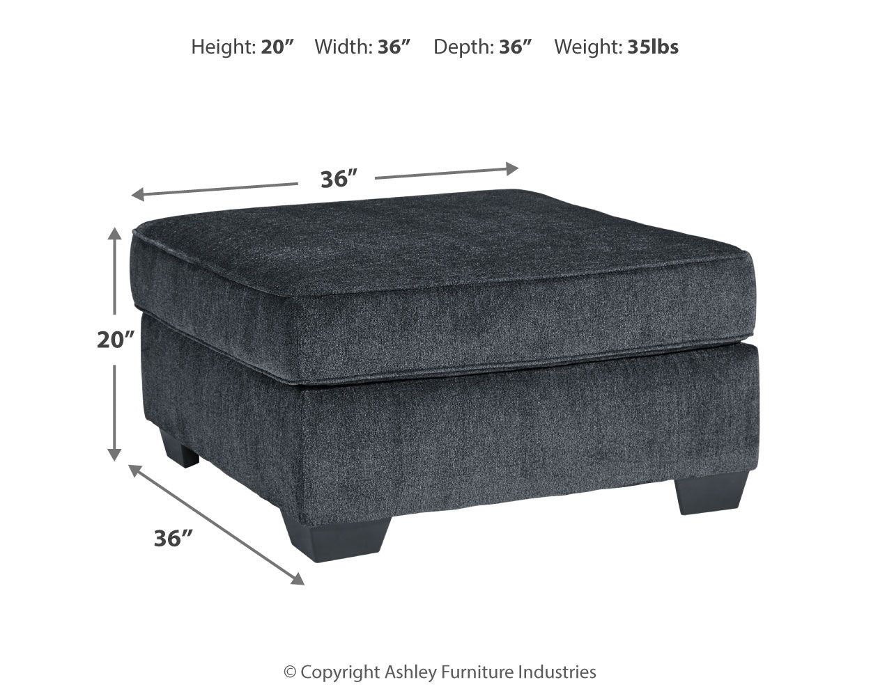 Dark gray upholstered accent ottoman with padded seat and short block feet