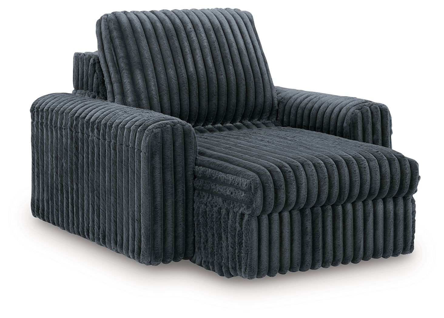 Blue-gray corduroy chaise lounge with tall backrest and rounded arms