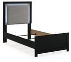 Black upholstered panel bed frame with tall headboard and open side