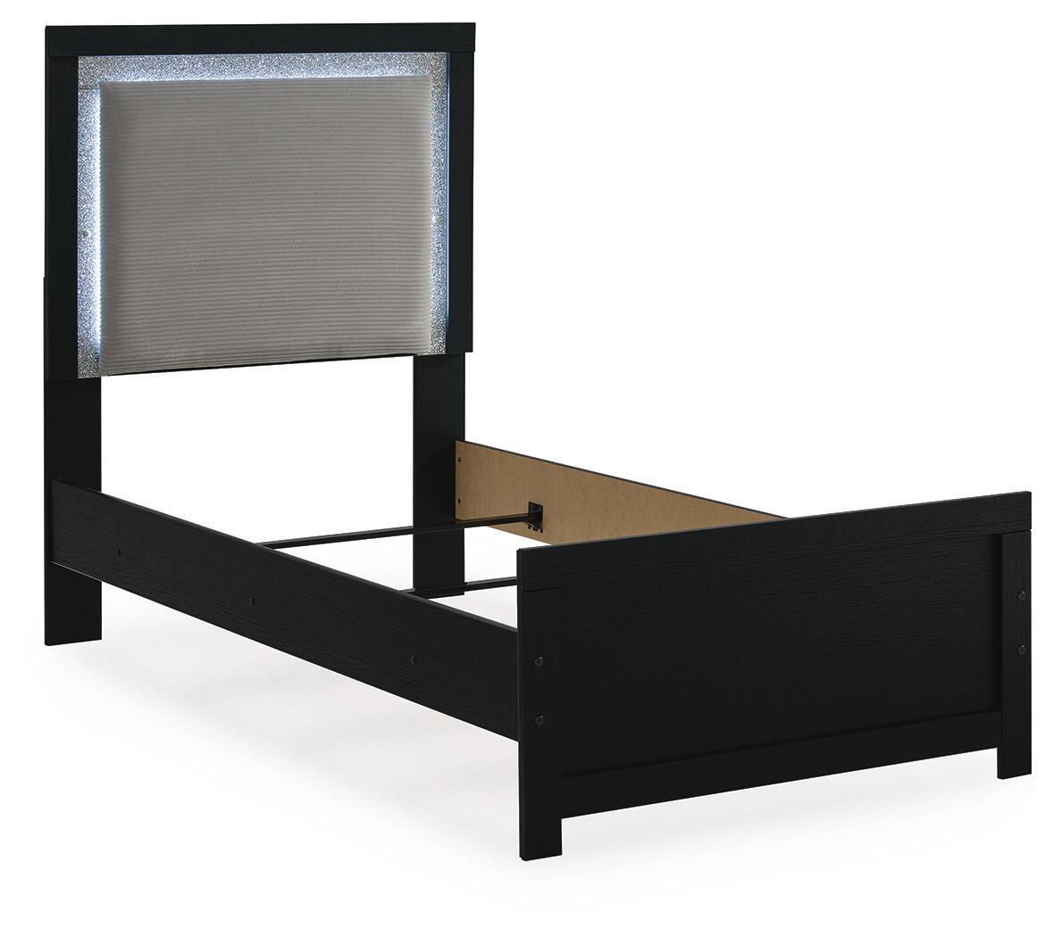 Black upholstered panel bed frame with tall headboard and open side