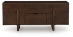 Medium brown accent cabinet with two side doors and center drawer, tapered legs.