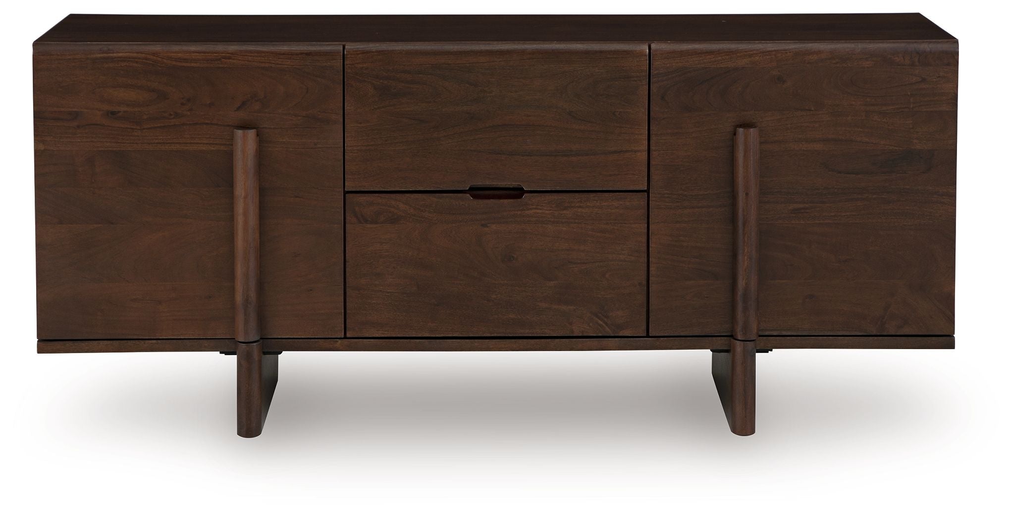 Medium brown accent cabinet with two side doors and center drawer, tapered legs.