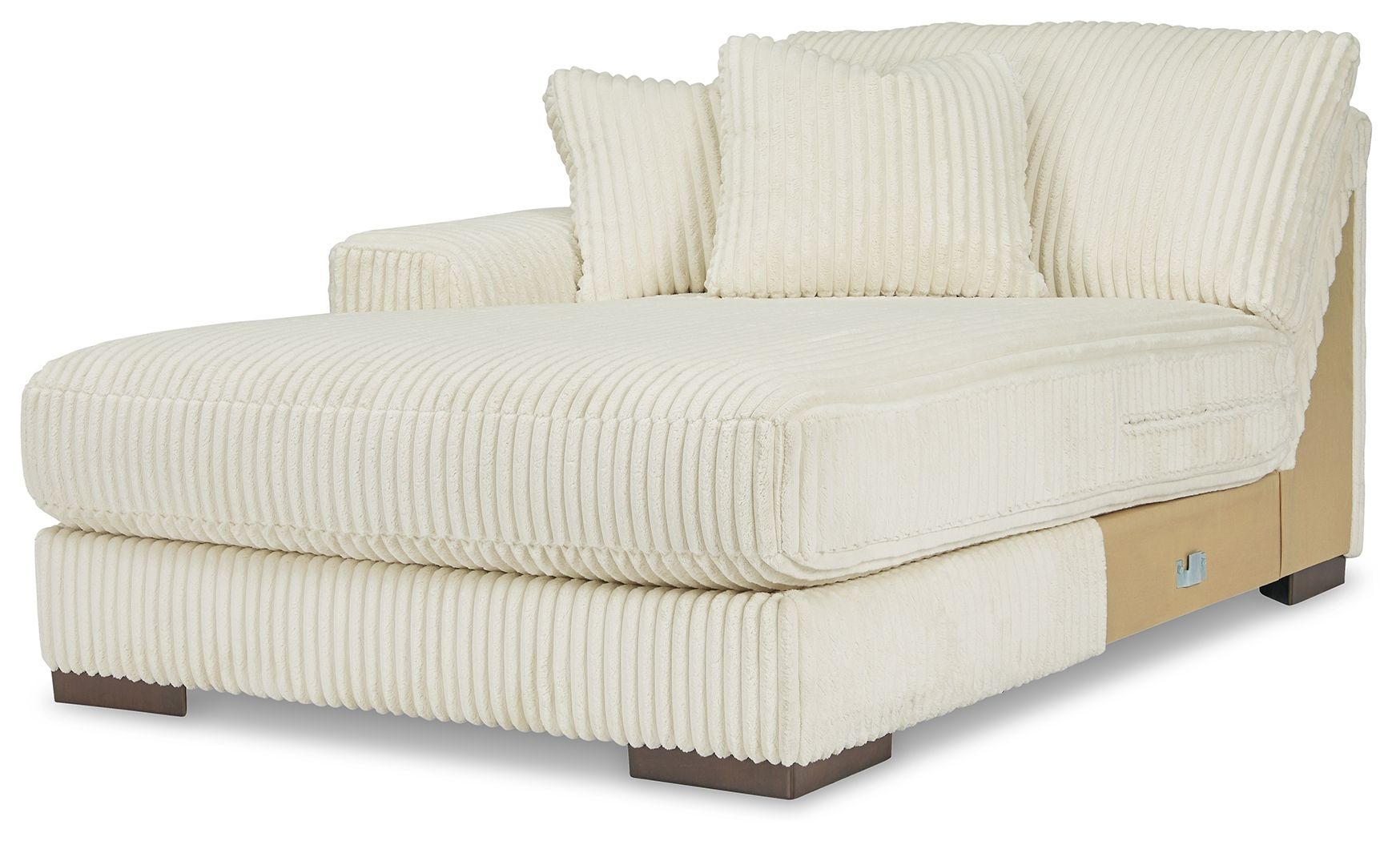 Ivory ribbed corner chaise with rolled arms, back cushions, and block feet