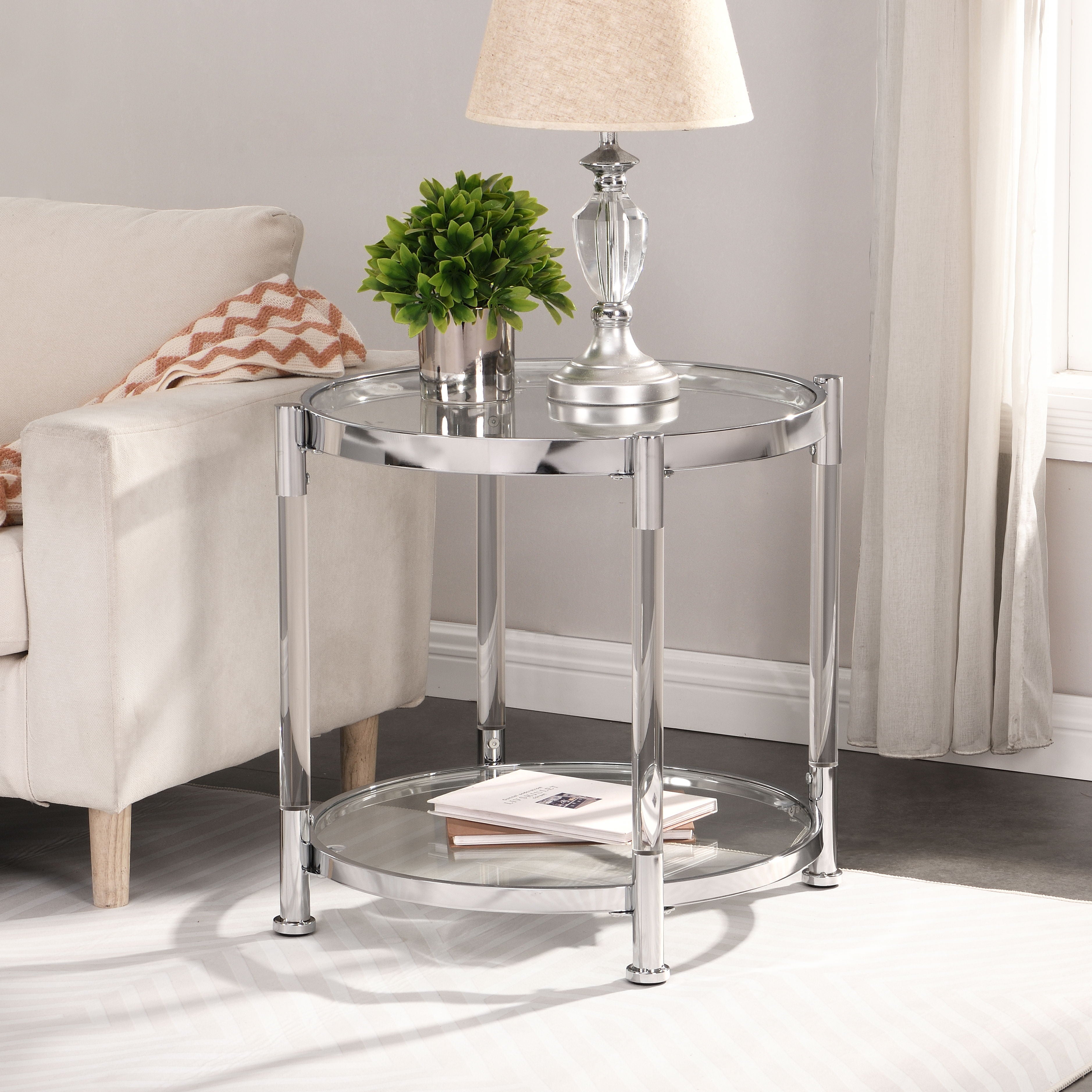 Contemporary Acrylic End Table, Side Table With Tempered Glass Top, Chrome / Silver End Table For Living Room & Bedroom