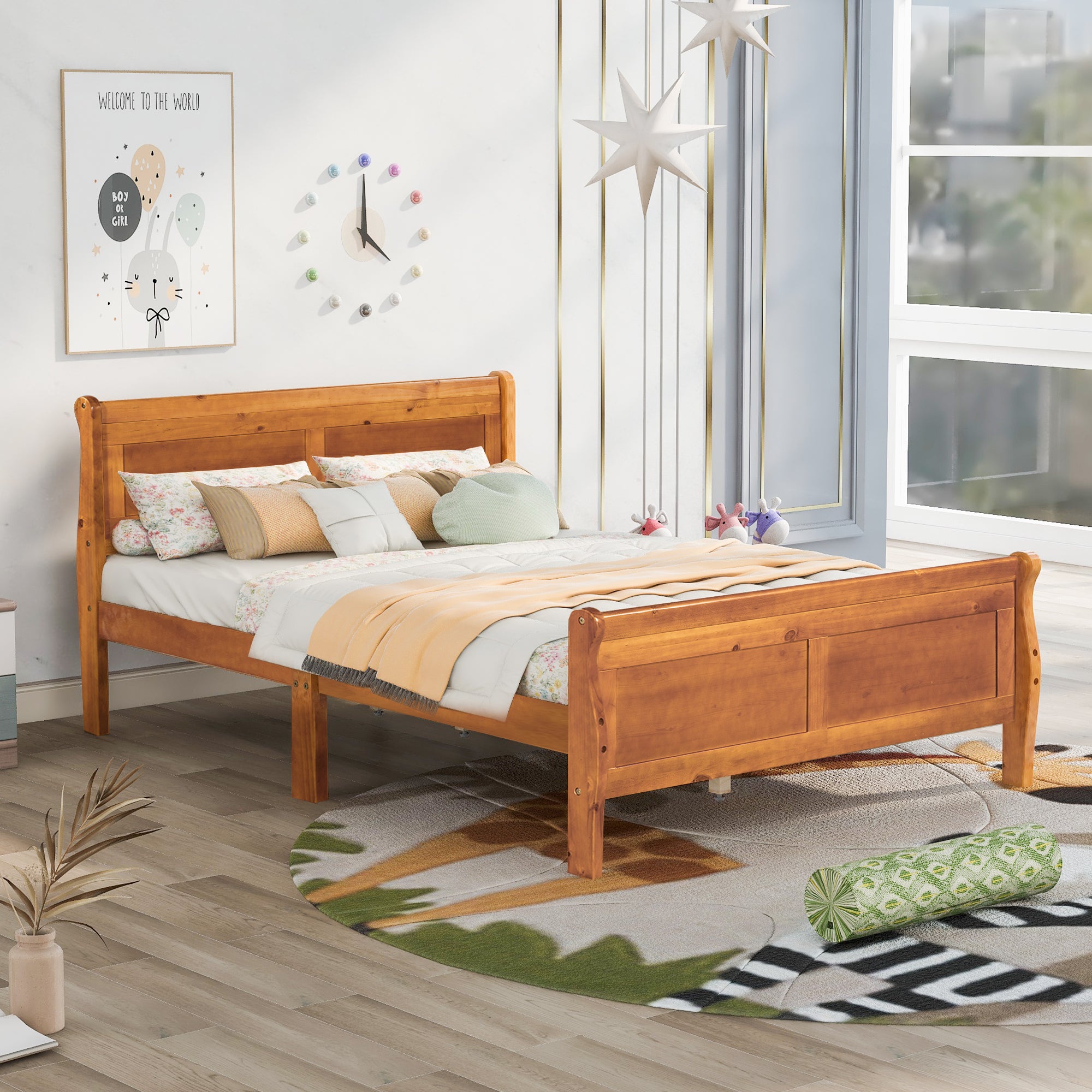 Full Size Oak Wood Platform Bed: Headboard & Sturdy Wooden Slat Support