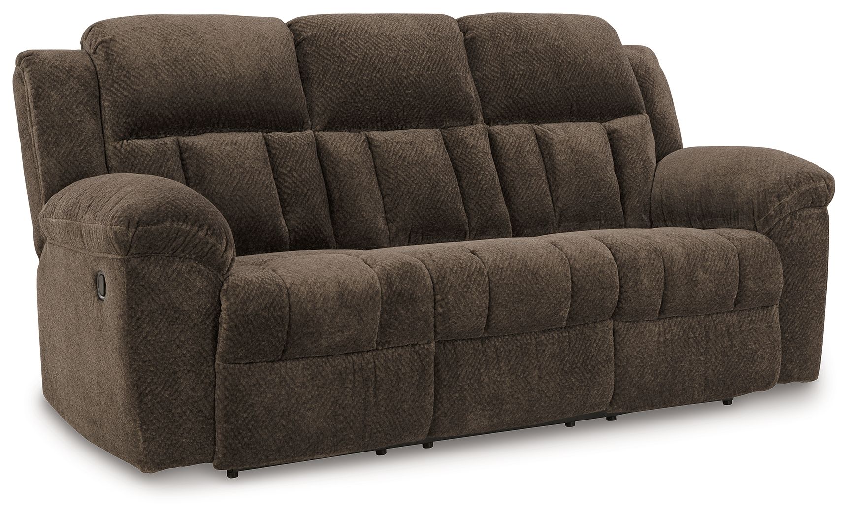 Chocolate brown reclining sofa with tufted back, padded arms, and cushioned seat