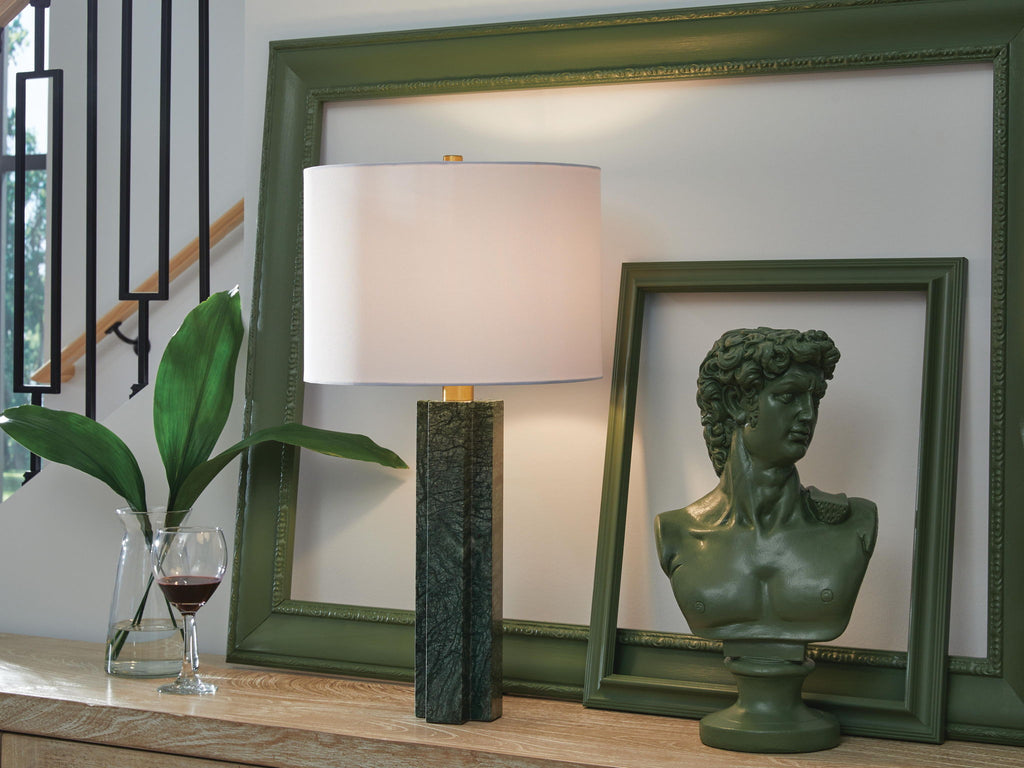 Green marble table lamp with white drum shade and gold-tone hardware