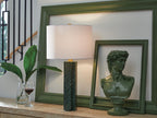Green marble table lamp with white drum shade and gold-tone hardware