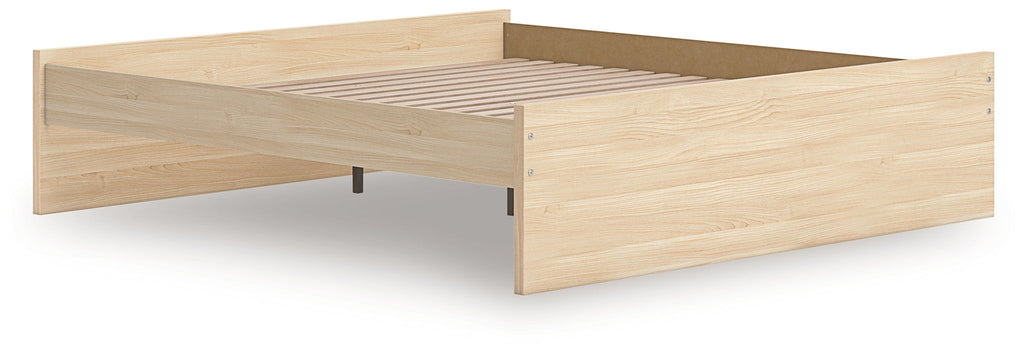 Light brown platform bed frame with open underside and slatted base