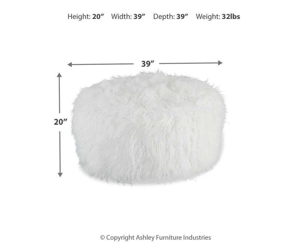 White shag ottoman, 20 in height, 39 in width, 39 in depth