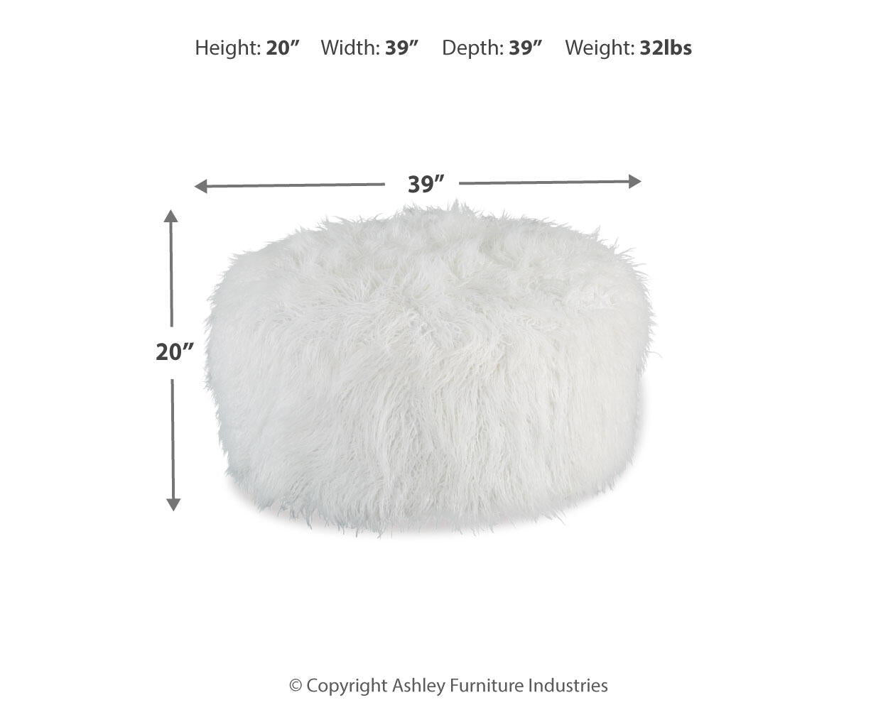 White shag ottoman, 20 in height, 39 in width, 39 in depth