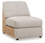 Sand armless accent chair with textured fabric, square arms, and black feet