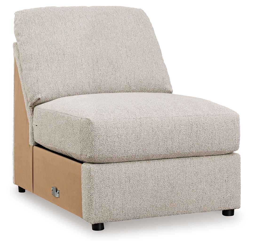 Sand armless accent chair with textured fabric, square arms, and black feet
