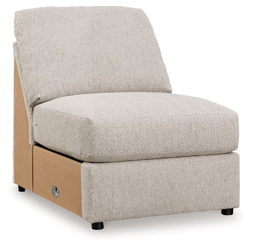 Sand armless accent chair with textured fabric, square arms, and black feet