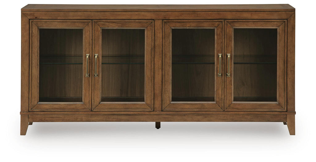 Medium brown wood accent cabinet with four glass doors and brass handle detail