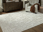 Empriss beige rug with raised block geometric pattern, textured flat weave