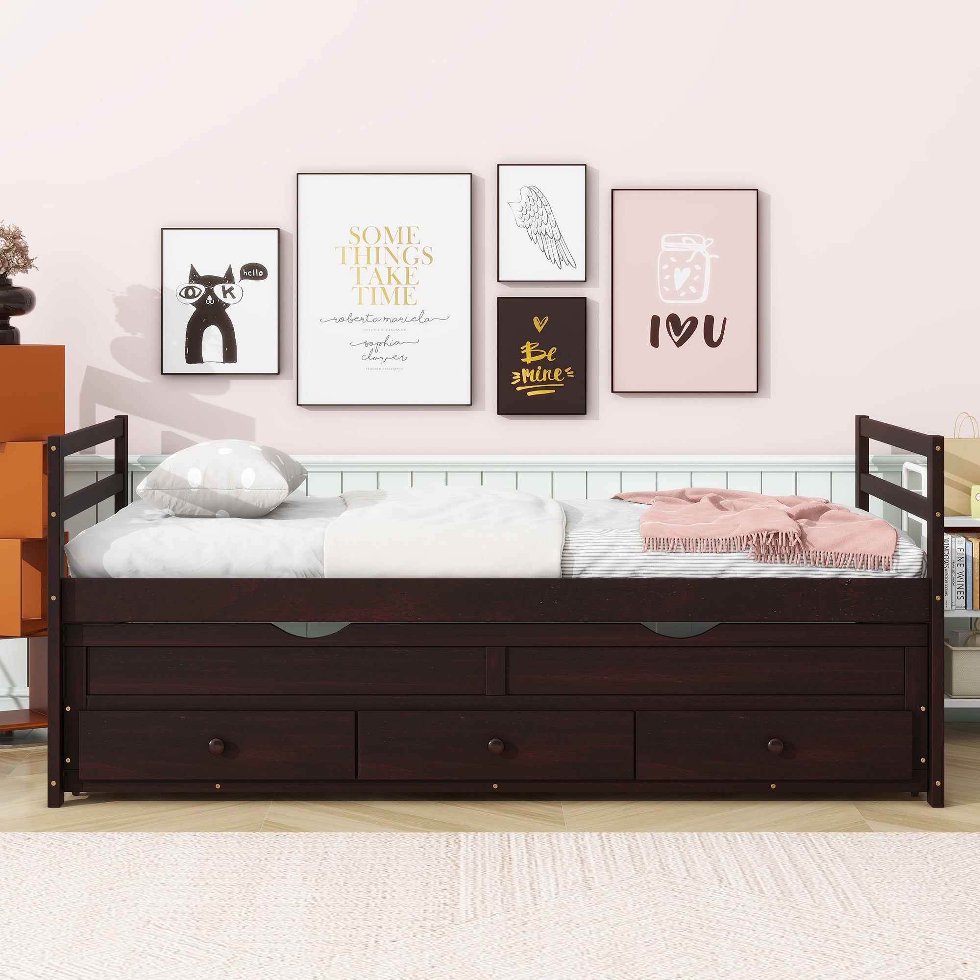 Twin Pine Wood Bed: Headboard, Footboard, Trundle, 3 Drawers