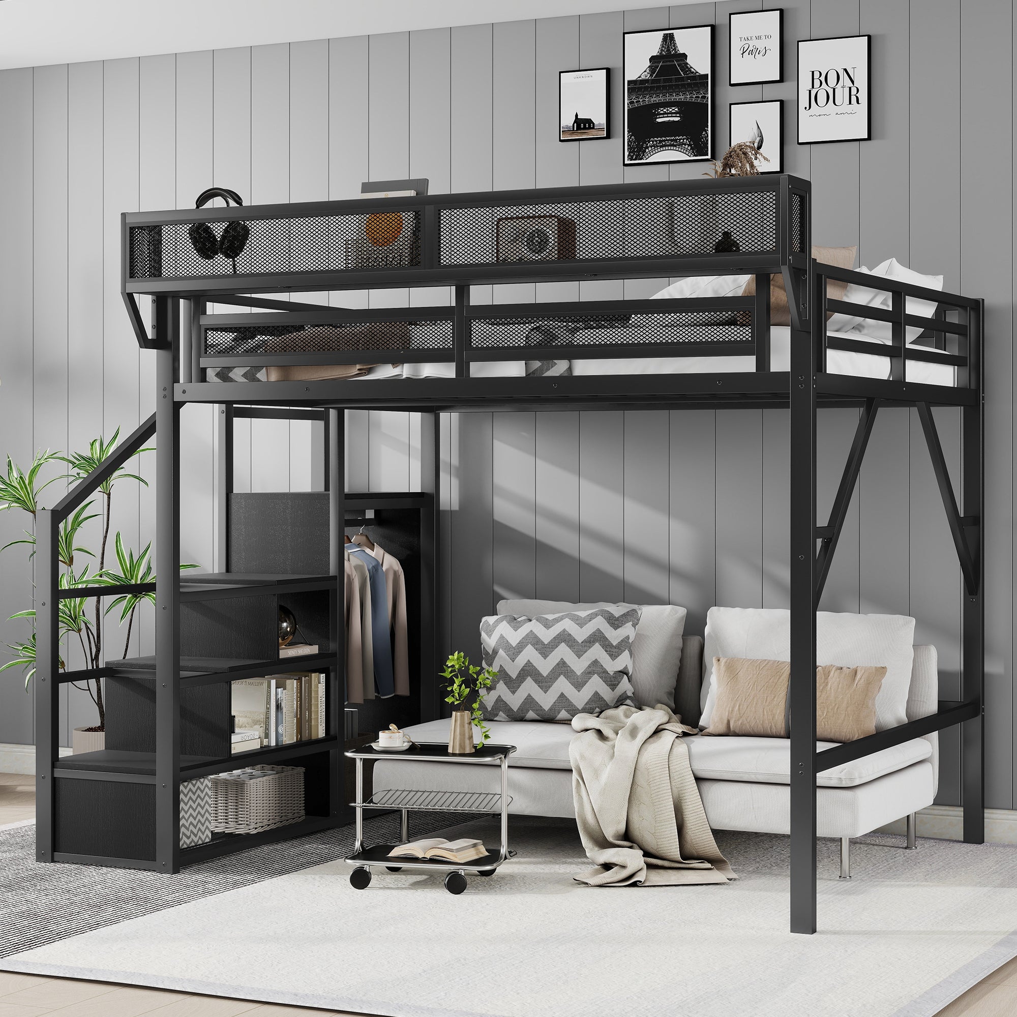 Black Metal Queen Loft Bed with Stairs, Storage, Wardrobe