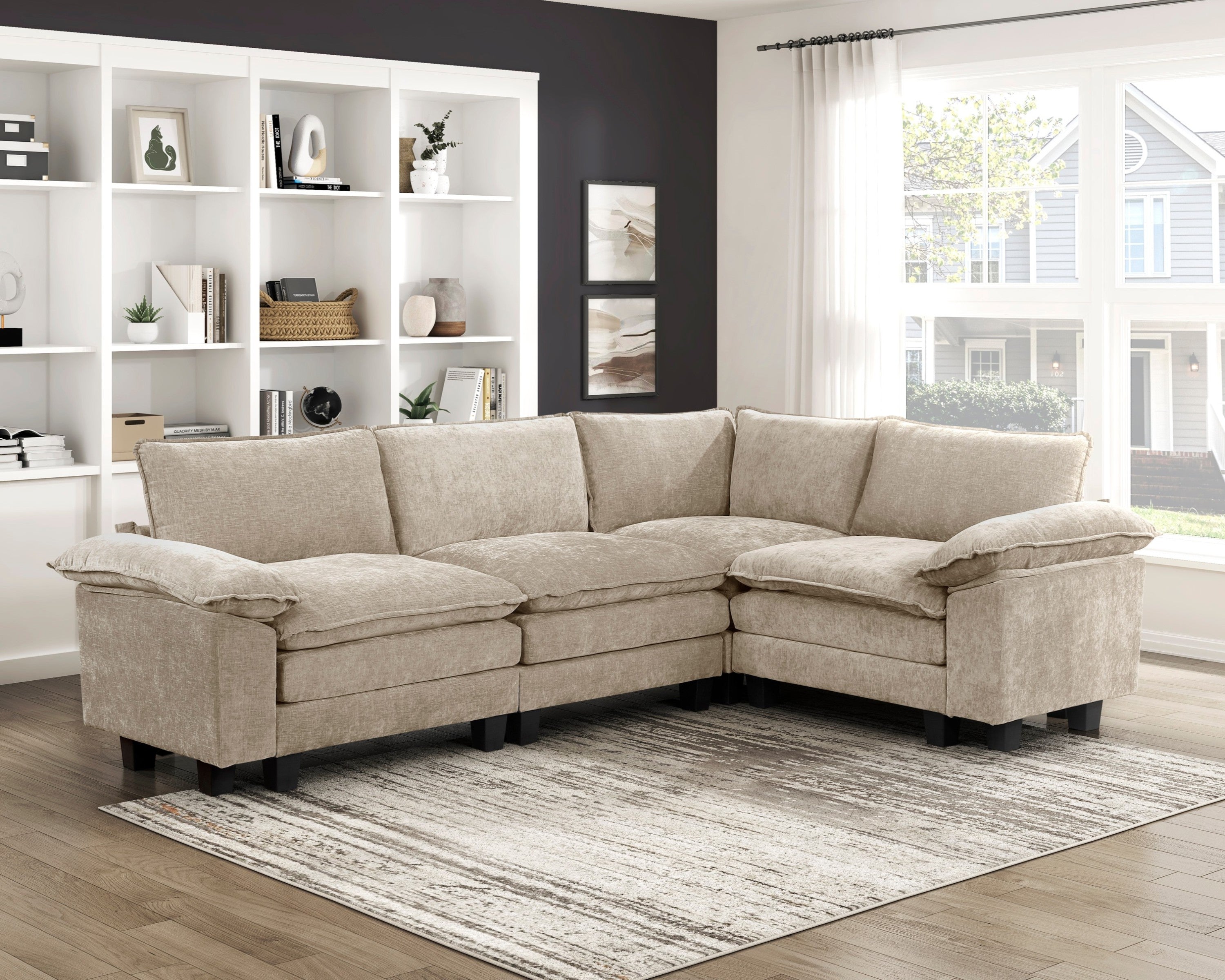 Modern Taupe Chenille Modular Sectional Sofa Living Room