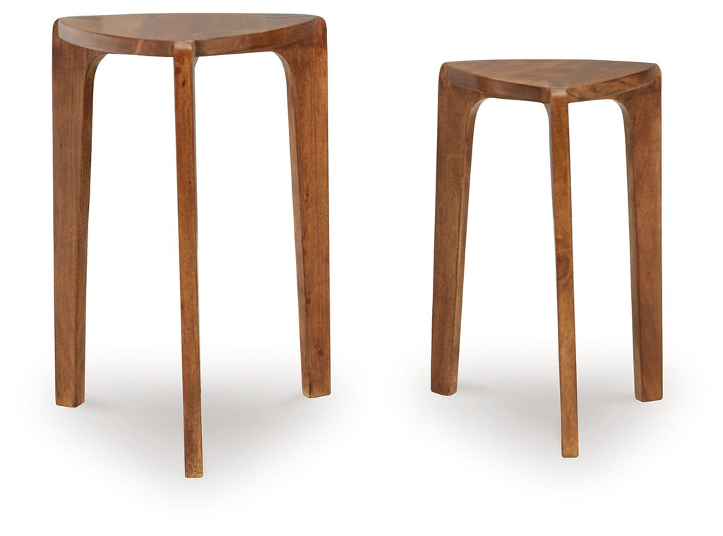 Two medium-brown accent tables with round tops and tapered legs, separate view