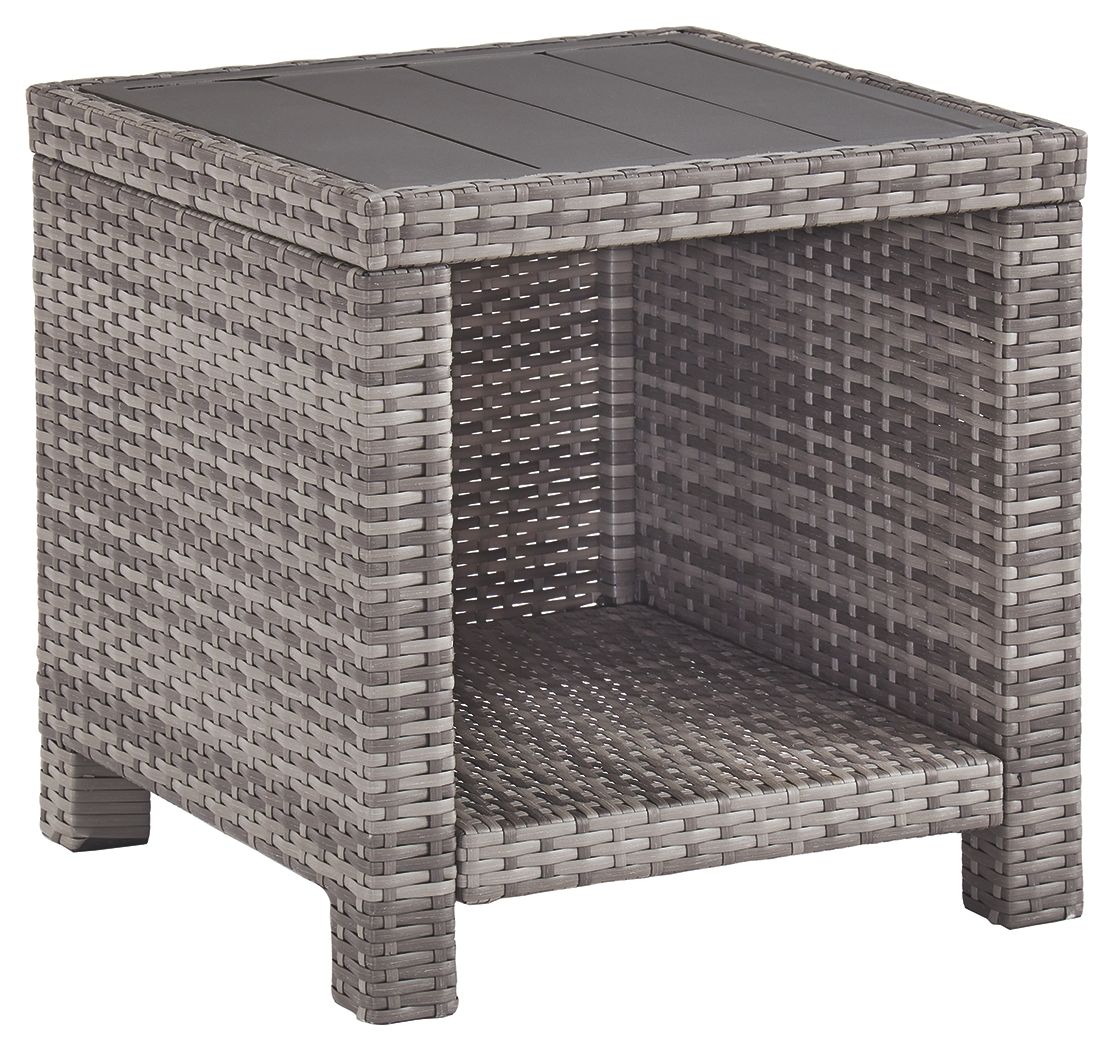Gray square end table with woven rattan sides, dark tabletop, and open inner shelf