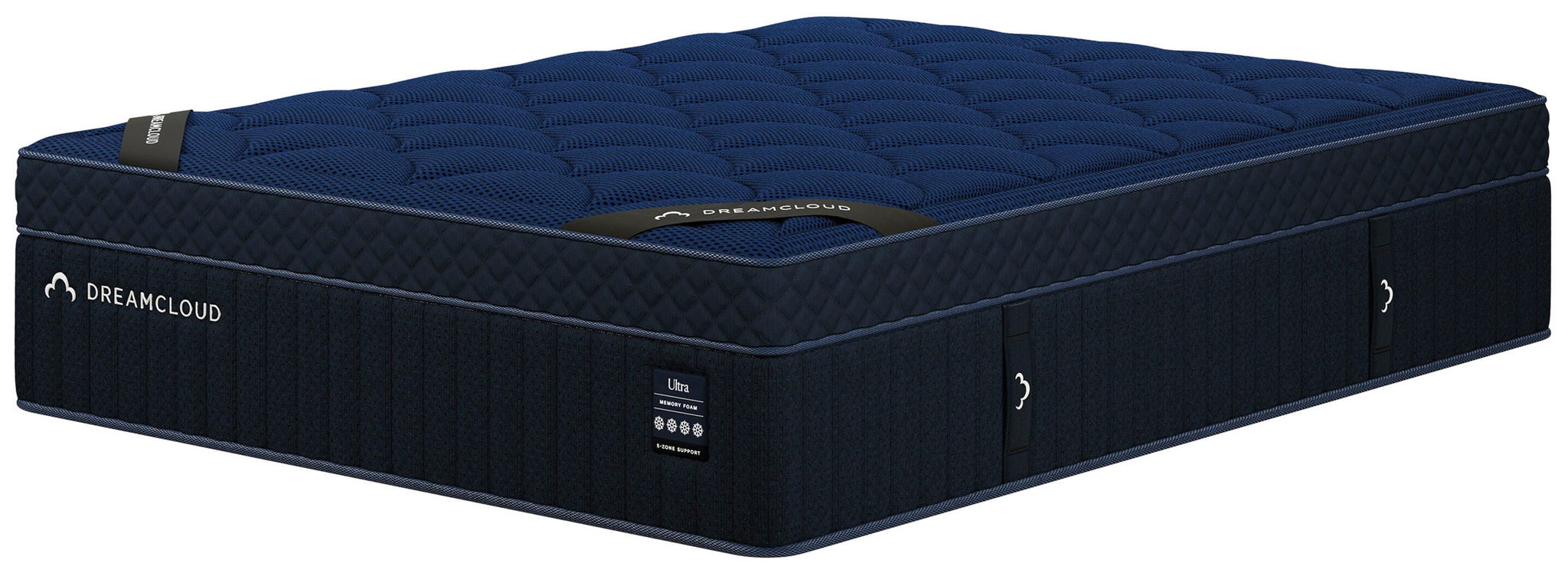 Dreamcloud ultra memory foam mattress with blue quilted top and black side panels