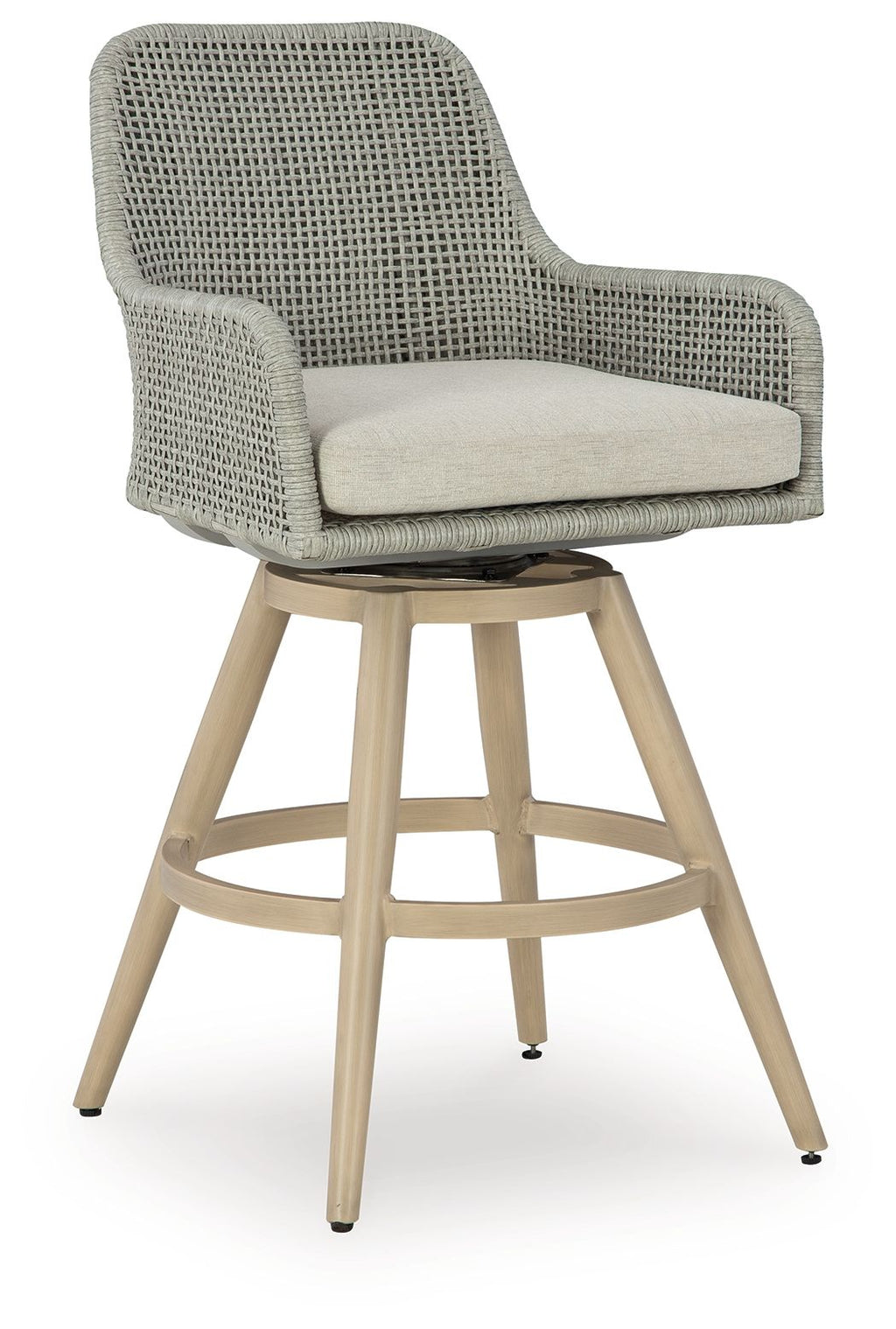 Bar stool with beige cushion, light gray woven back, and wood legs