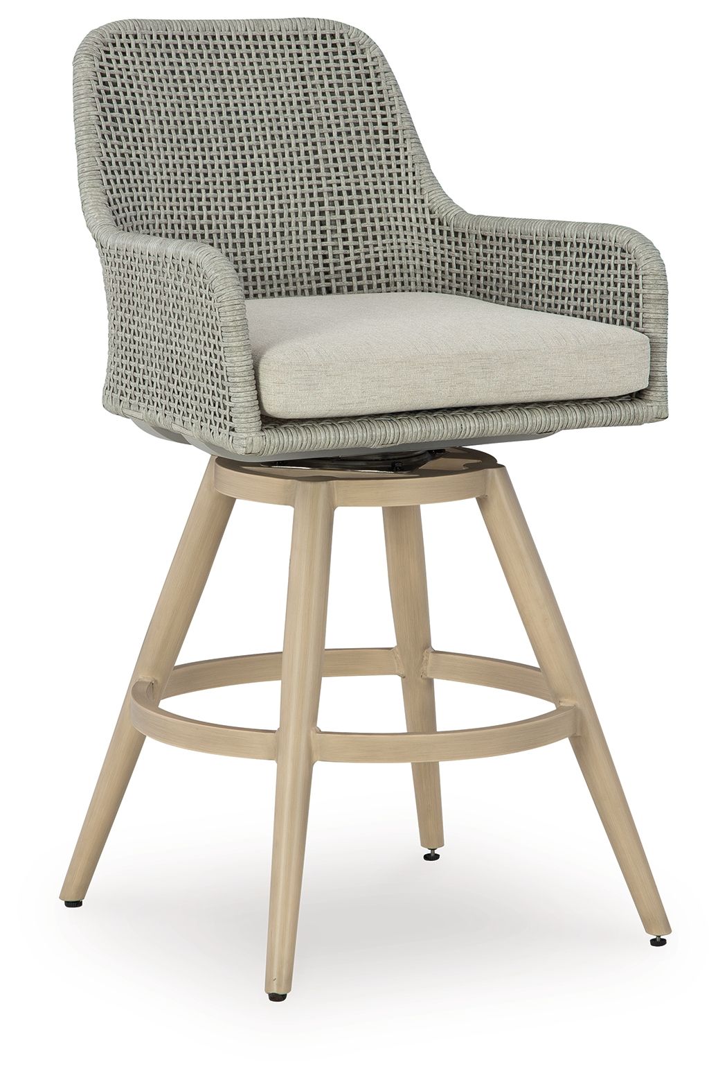 Bar stool with beige cushion, light gray woven back, and wood legs